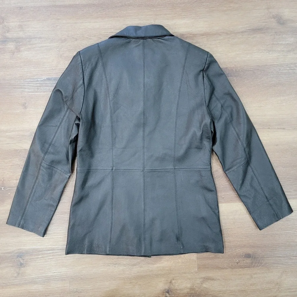 Dialogue Genuine Black Leather Jacket Coat Button Front Pockets Women's Sz Small